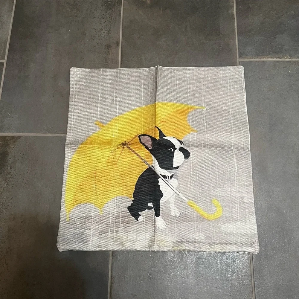 NWT Cute French Bulldog Print Cushion Cover with Yellow Umbrella 16 x 16 - Picture 1 of 1